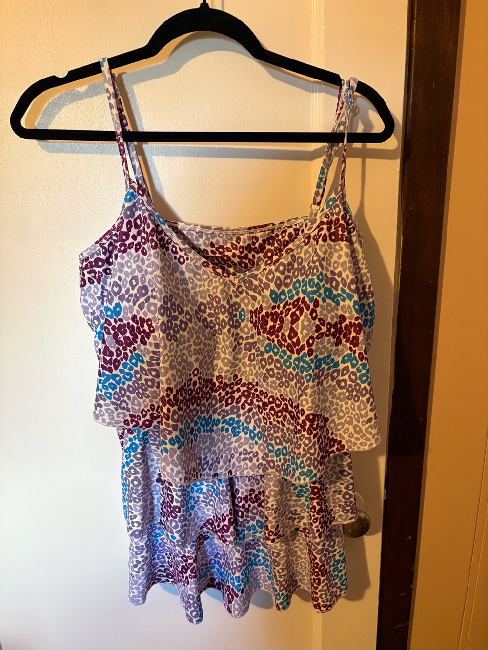 Nursing Queen White Tankini Swim Dress with Purple & Teal Leopard Print